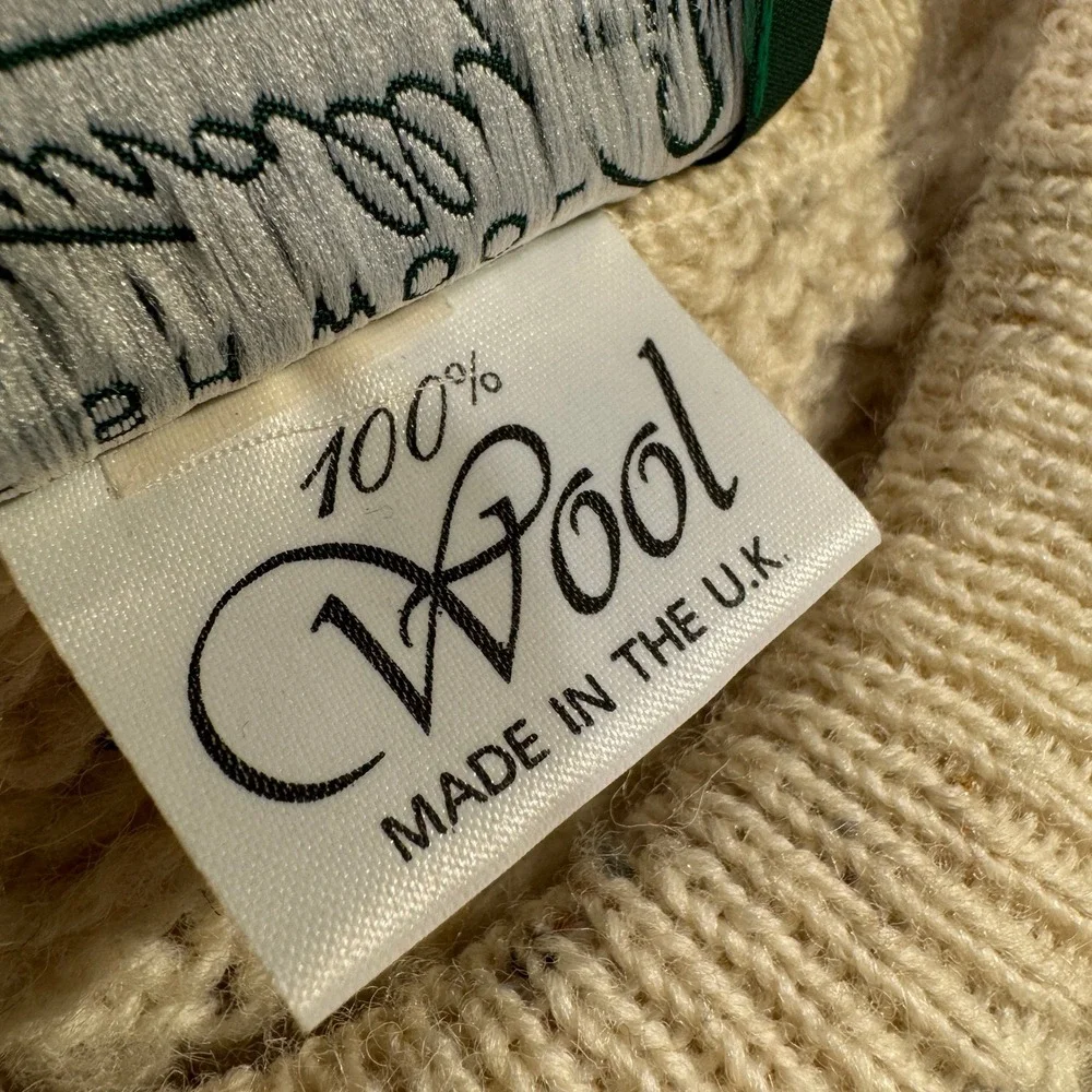 British Wool Naturally Sheep Embroidery Cable Knit Sweater Cream Size Large